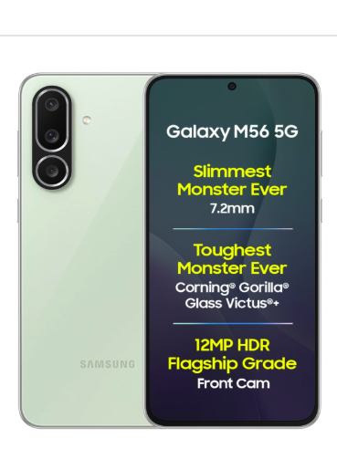 Samsung Galaxy M56 5G Mobile (Light Green,8GB RAM,128GB Storage)| Segment’s Slimmest|Gorilla Glass Victus+| 10 Bit HDR Video| 50MP Camera| AI | Vapour Cooling Chamber| Lag-free Gaming| Without Charger