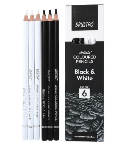 BRUSTRO Artists Coloured Pencils | Black & White | Set of 6 (3 Whites and 3 Blacks) | Ideal for Students and Adults, Color, Sketching, Shading, Drawing, Blending, Mandala Art, School, Office Use